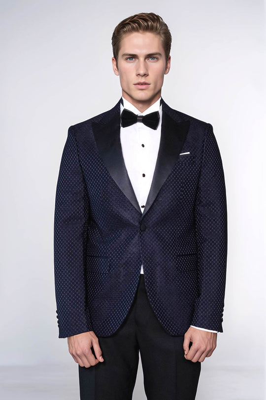 Men’s Midnight Navy Textured Dinner Jacket – Slim Fit with Black Satin Peak Lapels