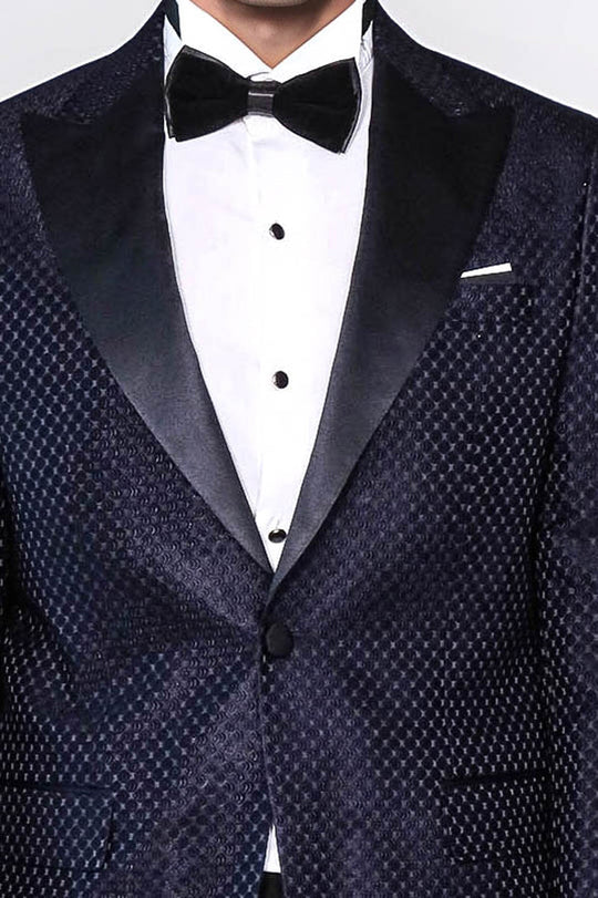 Men’s Midnight Navy Textured Dinner Jacket – Slim Fit with Black Satin Peak Lapels