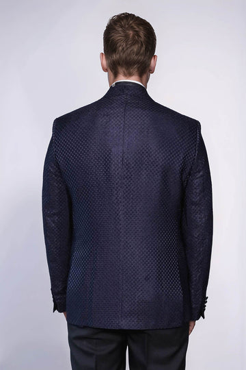 Men’s Midnight Navy Textured Dinner Jacket – Slim Fit with Black Satin Peak Lapels