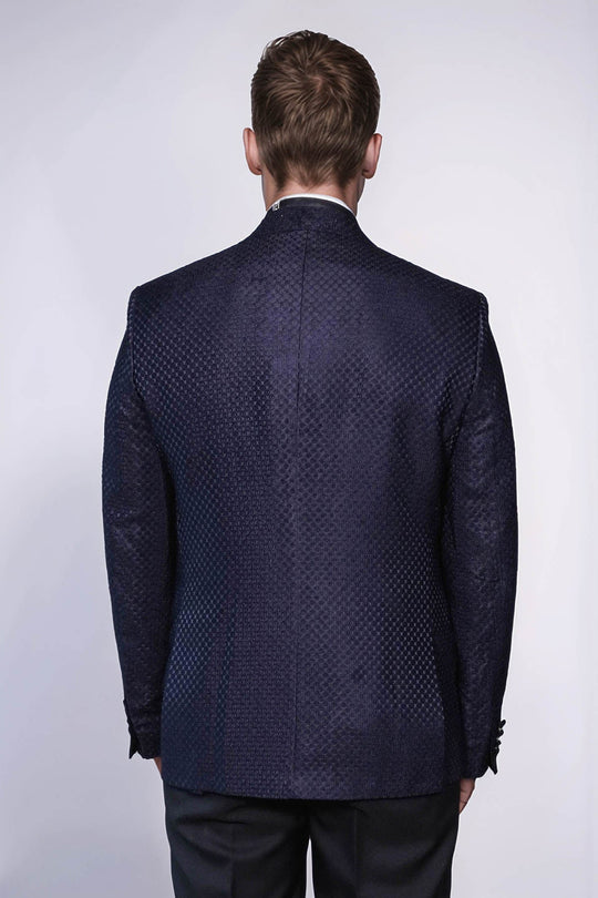 Men’s Midnight Navy Textured Dinner Jacket – Slim Fit with Black Satin Peak Lapels