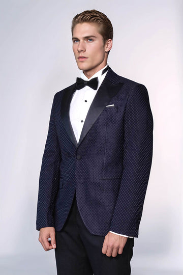 Men’s Midnight Navy Textured Dinner Jacket – Slim Fit with Black Satin Peak Lapels