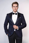 Men’s Midnight Navy Textured Dinner Jacket – Slim Fit with Black Satin Peak Lapels