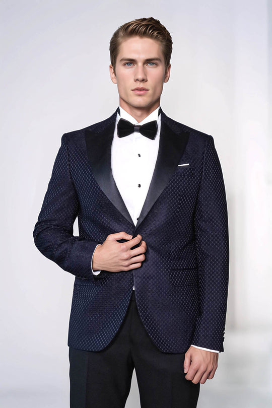 Men’s Midnight Navy Textured Dinner Jacket – Slim Fit with Black Satin Peak Lapels