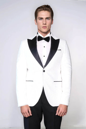Men’s Arctic White Textured Dinner Jacket – Slim Fit with Black Satin Peak Lapels