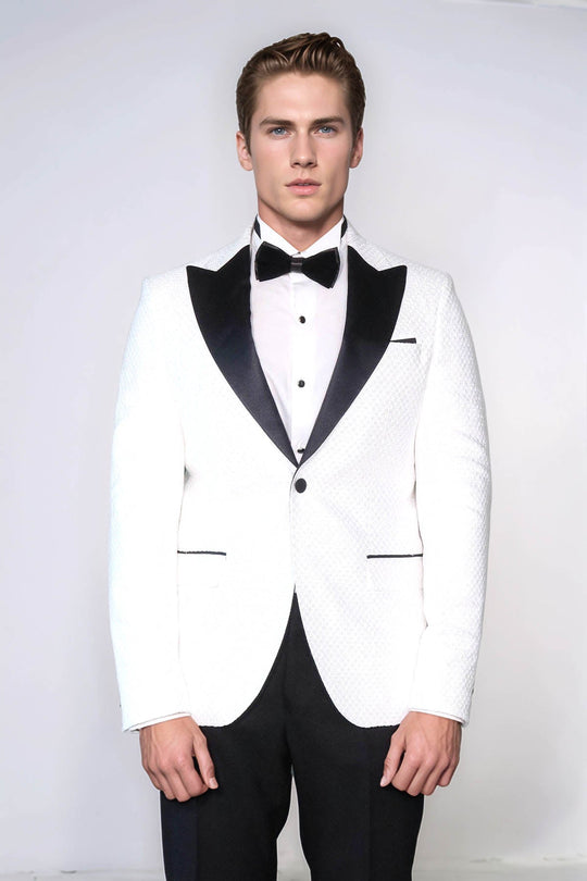 Men’s Arctic White Textured Dinner Jacket – Slim Fit with Black Satin Peak Lapels