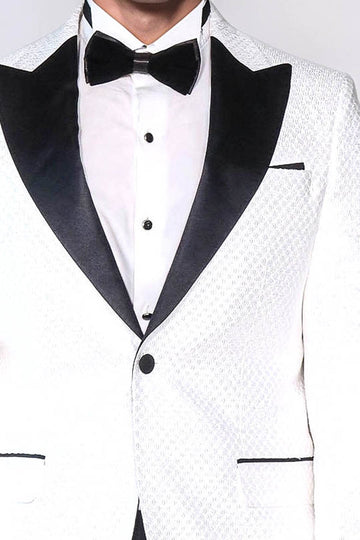 Men’s Arctic White Textured Dinner Jacket – Slim Fit with Black Satin Peak Lapels