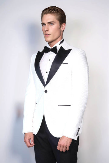 Men’s Arctic White Textured Dinner Jacket – Slim Fit with Black Satin Peak Lapels
