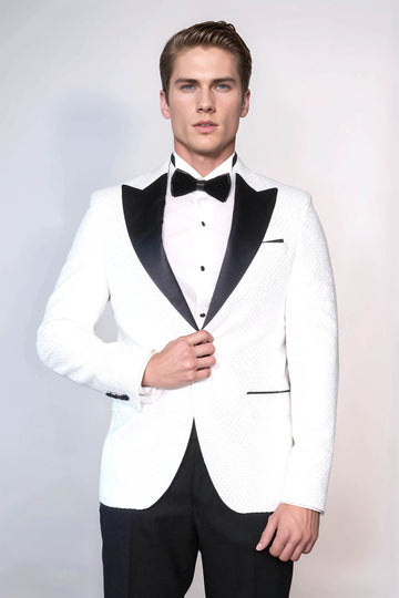 Men’s Arctic White Textured Dinner Jacket – Slim Fit with Black Satin Peak Lapels