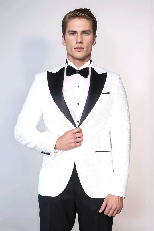 Men’s Arctic White Textured Dinner Jacket – Slim Fit with Black Satin Peak Lapels