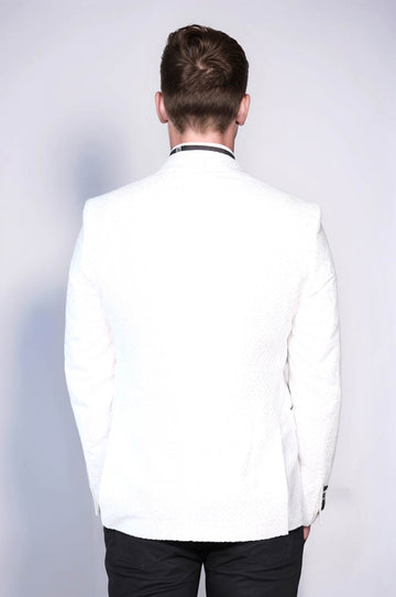Men’s Arctic White Textured Dinner Jacket – Slim Fit with Black Satin Peak Lapels