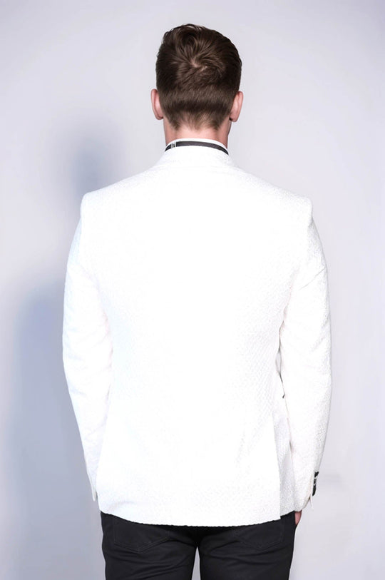 Men’s Arctic White Textured Dinner Jacket – Slim Fit with Black Satin Peak Lapels