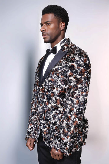 Men’s Exotic Leopard Patterned Sequin Blazer – Slim Fit with Black Satin Peak Lapels