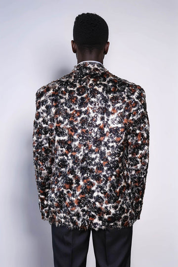 Men’s Exotic Leopard Patterned Sequin Blazer – Slim Fit with Black Satin Peak Lapels