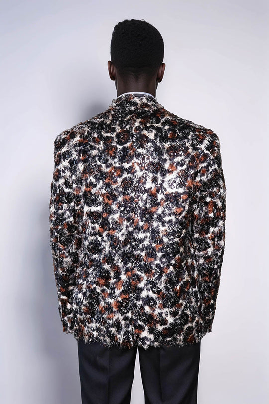 Men’s Exotic Leopard Patterned Sequin Blazer – Slim Fit with Black Satin Peak Lapels