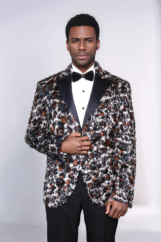 Men’s Exotic Leopard Patterned Sequin Blazer – Slim Fit with Black Satin Peak Lapels