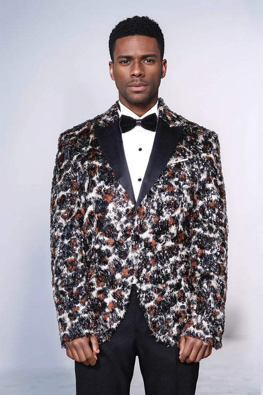 Men’s Exotic Leopard Patterned Sequin Blazer – Slim Fit with Black Satin Peak Lapels