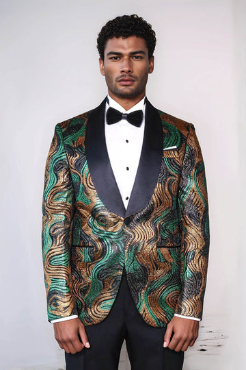 Men’s Gold & Green Wavy Metallic Dinner Jacket – Slim Fit with Black Satin Shawl Lapel