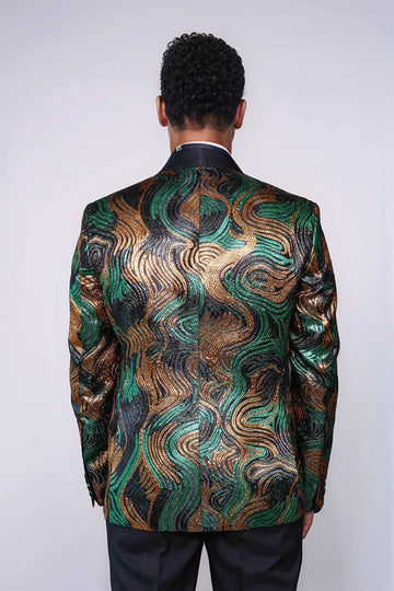 Men’s Gold & Green Wavy Metallic Dinner Jacket – Slim Fit with Black Satin Shawl Lapel
