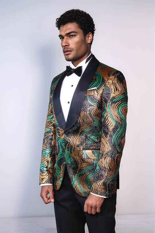 Men’s Gold & Green Wavy Metallic Dinner Jacket – Slim Fit with Black Satin Shawl Lapel
