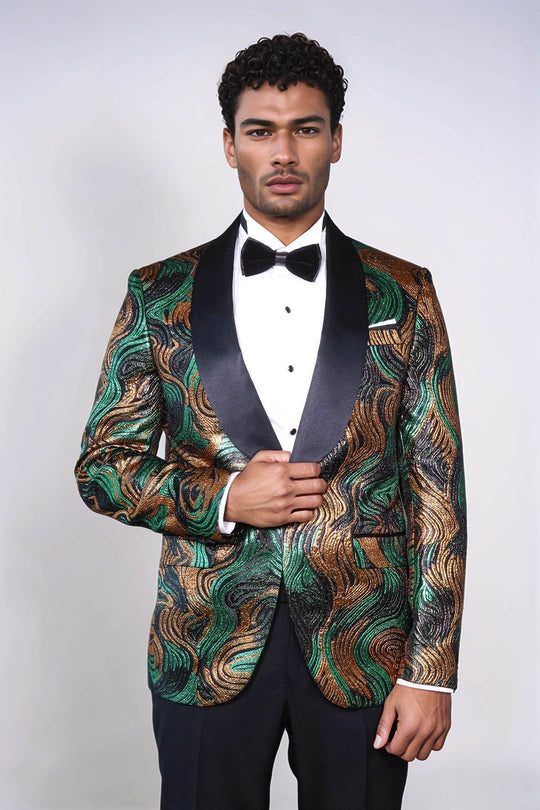 Men’s Gold & Green Wavy Metallic Dinner Jacket – Slim Fit with Black Satin Shawl Lapel