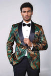Men’s Gold & Green Wavy Metallic Dinner Jacket – Slim Fit with Black Satin Shawl Lapel