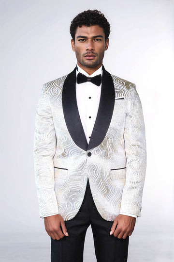 Men’s Pearl White & Gold Swirl Patterned Dinner Jacket – Slim Fit with Black Satin Shawl Lapel