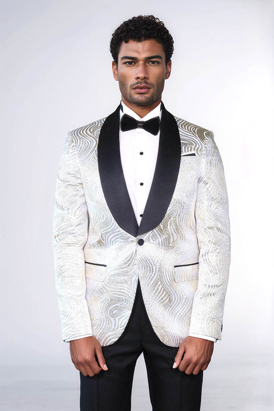 Men’s Pearl White & Gold Swirl Patterned Dinner Jacket – Slim Fit with Black Satin Shawl Lapel