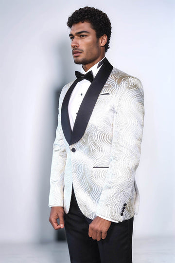 Men’s Pearl White & Gold Swirl Patterned Dinner Jacket – Slim Fit with Black Satin Shawl Lapel