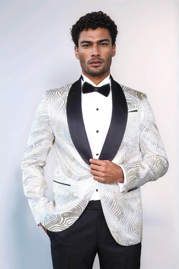Men’s Pearl White & Gold Swirl Patterned Dinner Jacket – Slim Fit with Black Satin Shawl Lapel