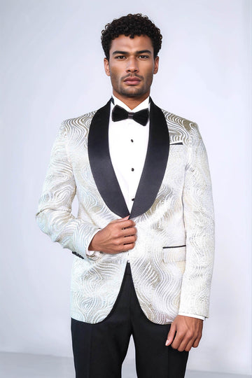 Men’s Pearl White & Gold Swirl Patterned Dinner Jacket – Slim Fit with Black Satin Shawl Lapel