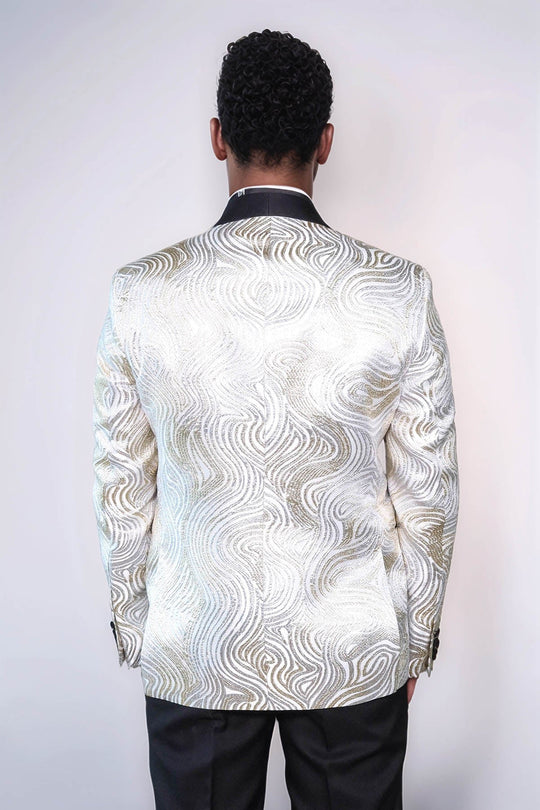 Men’s Pearl White & Gold Swirl Patterned Dinner Jacket – Slim Fit with Black Satin Shawl Lapel