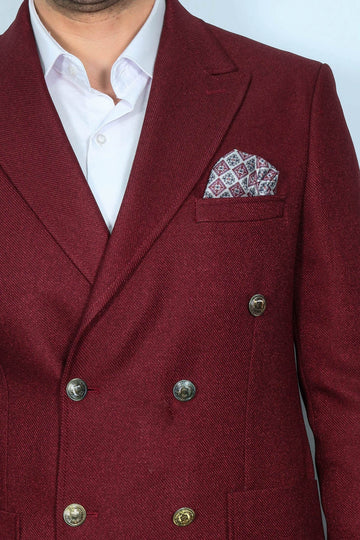 Men’s Deep Burgundy Textured Slim Fit Double-Breasted Peak Lapel Blazer
