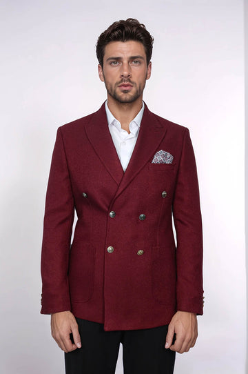 Men’s Deep Burgundy Textured Slim Fit Double-Breasted Peak Lapel Blazer