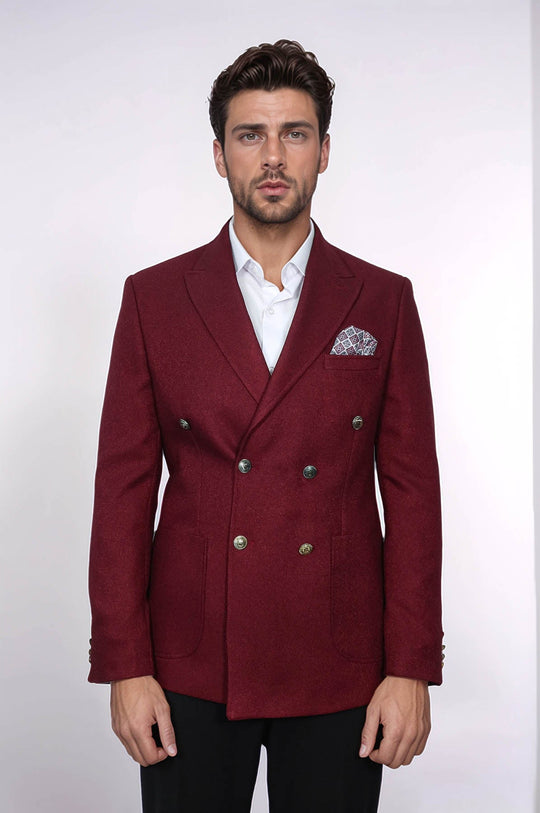 Men’s Deep Burgundy Textured Slim Fit Double-Breasted Peak Lapel Blazer