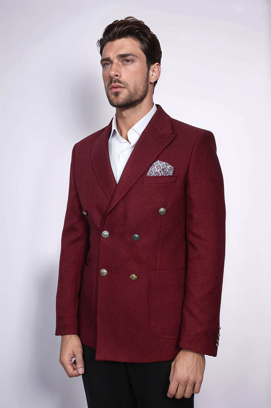 Men’s Deep Burgundy Textured Slim Fit Double-Breasted Peak Lapel Blazer
