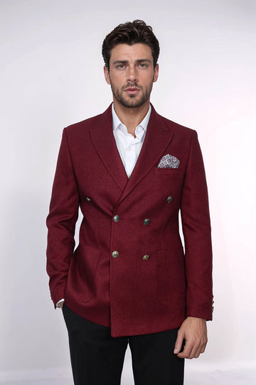 Men’s Deep Burgundy Textured Slim Fit Double-Breasted Peak Lapel Blazer