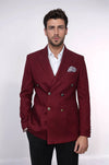Men’s Deep Burgundy Textured Slim Fit Double-Breasted Peak Lapel Blazer