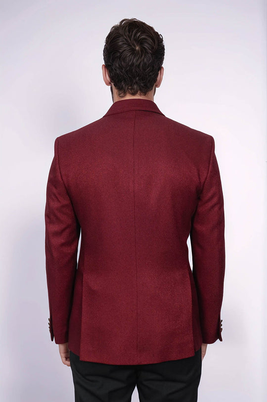Men’s Deep Burgundy Textured Slim Fit Double-Breasted Peak Lapel Blazer