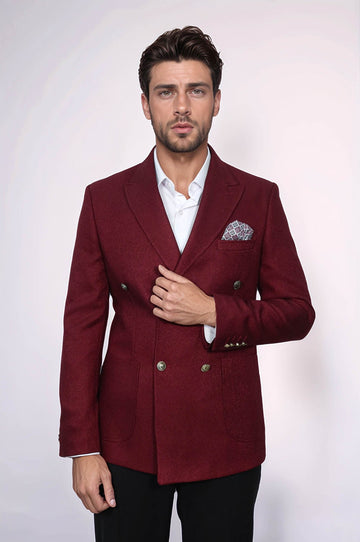 Men’s Deep Burgundy Textured Slim Fit Double-Breasted Peak Lapel Blazer