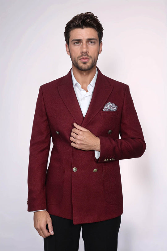 Men’s Deep Burgundy Textured Slim Fit Double-Breasted Peak Lapel Blazer