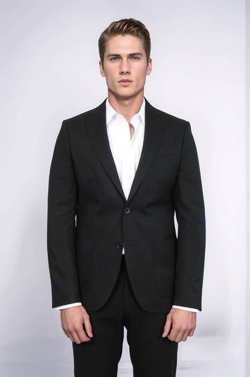 Men’s Onyx Black Textured Slim Fit  Single Breasted Smart-Casual Sport Blazer