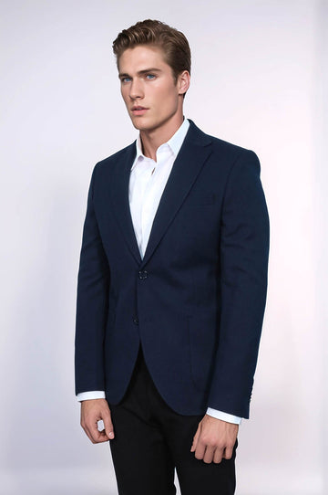 Men’s Midnight Navy Textured Slim Fit  Single Breasted Smart-Casual Sport Blazer