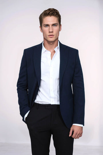 Men’s Midnight Navy Textured Slim Fit  Single Breasted Smart-Casual Sport Blazer