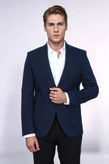 Men’s Midnight Navy Textured Slim Fit  Single Breasted Smart-Casual Sport Blazer