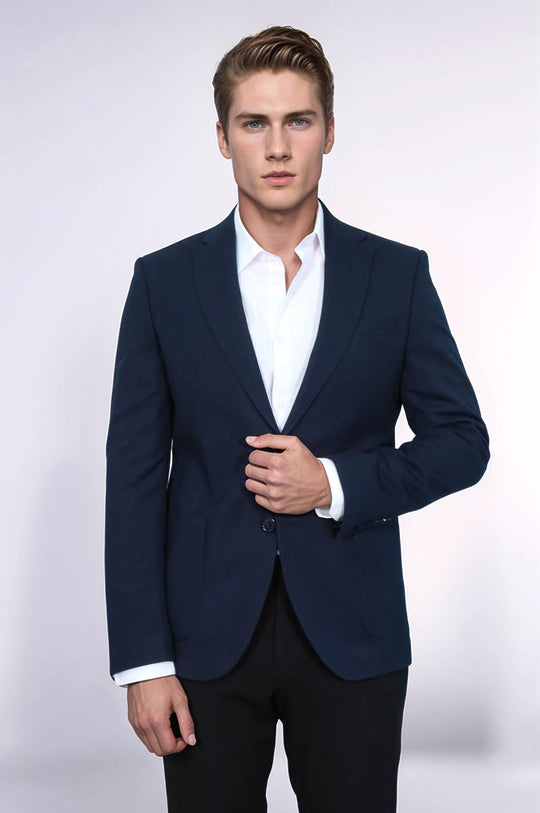 Men’s Midnight Navy Textured Slim Fit  Single Breasted Smart-Casual Sport Blazer