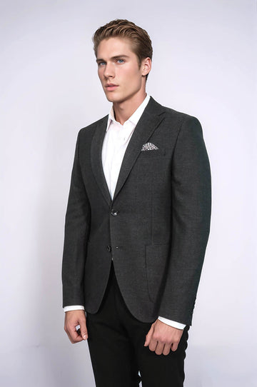Men’s Anthracite Grey Textured Slim Fit Single Breasted Smart-Casual Sport Blazer