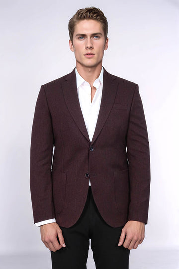 Men’s Deep Wine Burgundy Textured Slim Fit Single Breasted Smart-Casual Sport Blazer