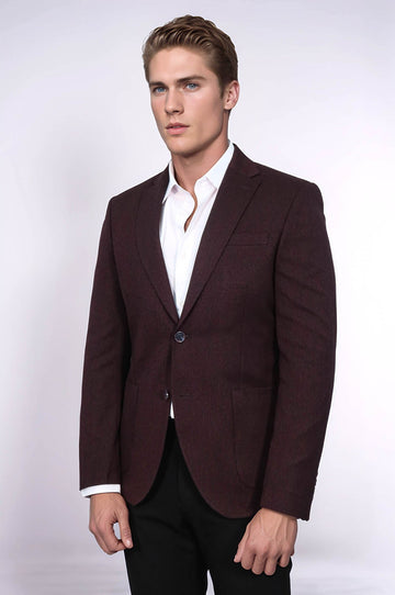 Men’s Deep Wine Burgundy Textured Slim Fit Single Breasted Smart-Casual Sport Blazer