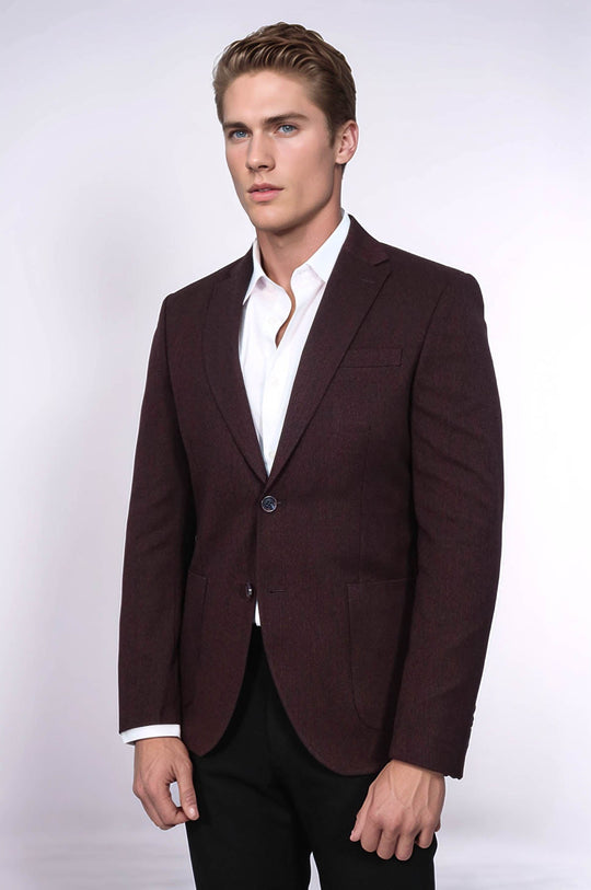 Men’s Deep Wine Burgundy Textured Slim Fit Single Breasted Smart-Casual Sport Blazer