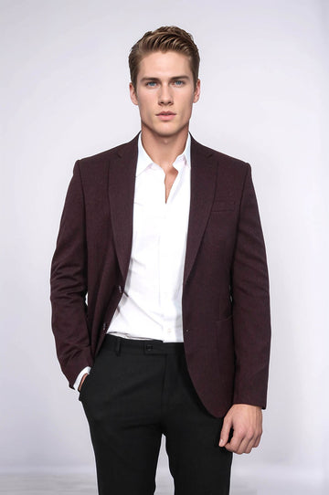 Men’s Deep Wine Burgundy Textured Slim Fit Single Breasted Smart-Casual Sport Blazer